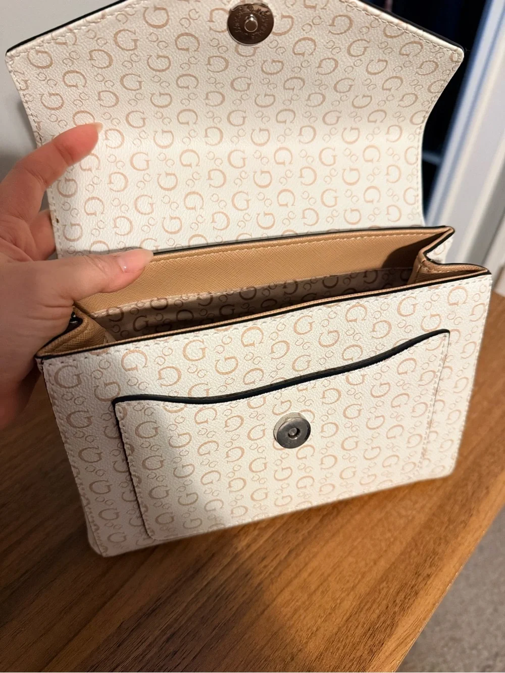Guess White & Tan Monogram Satchel Bag – Top Handle & Crossbody Strap